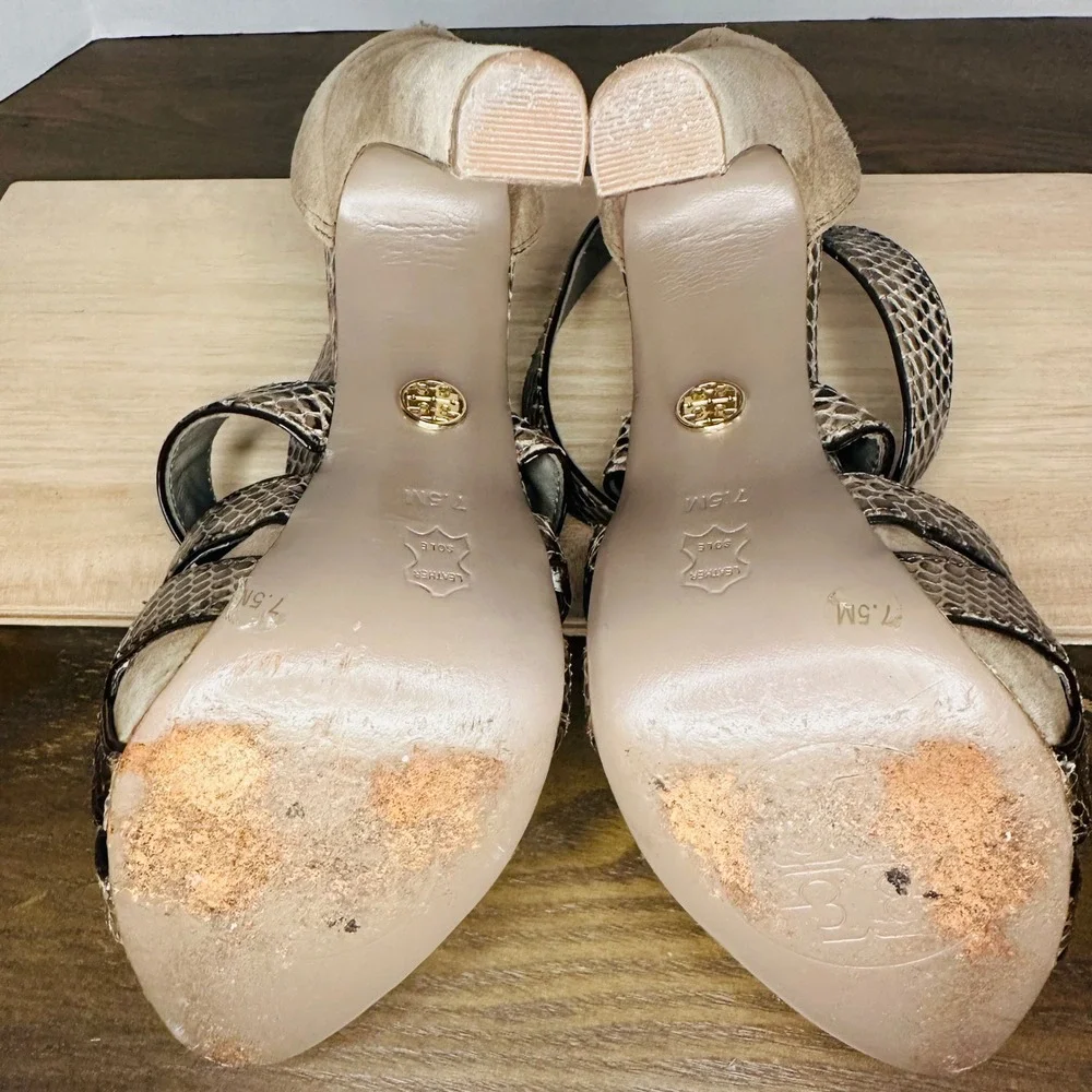 Tory Burch Venice Snakeskin Suede Platform Strappy‎ Heels Tan Brown 7.5M Exotic